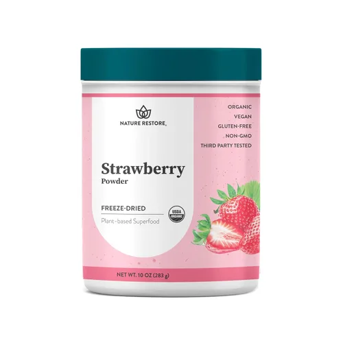 Nature Restore Polvo de fresa liofilizado orgánico certificado por USDA, 10 onzas, sin OMG, sin gluten, vegano