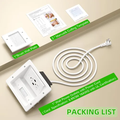 Miniatura 7 de Kit de organización de cables de pared con placa de pared de cepillo, salidas de CA y puertos USB, cable de 9 pies, toma de pared empotrada
