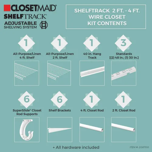 Miniatura 4 de ClosetMaid 2087 ShelfTrack - Kit organizador de armario ajustable de 2 a 4 pies, cesta de estante colgante de alambre blanco para almacenamiento