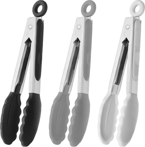 HINMAY Pinzas pequeñas de silicona de 7 pulgadas, juego de 3 unidades, color negro, gris y blanco