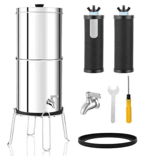 Sistema de filtro de agua por gravedad de ultrafiltración de 2.25 G, sistema de encimera de acero inoxidable 304 con 2 filtros de carbono y soporte,