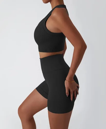 Miniatura 104 de Conjuntos de entrenamiento para mujer, 2 piezas, sin costuras, acanalada, sin mangas, brasier deportivo, cintura alta, pantalones cortos