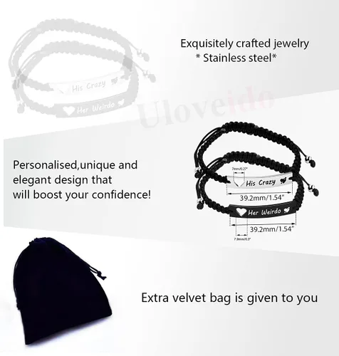 Miniatura 7 de 1 par de pulseras trenzadas Hademade para parejas, pulseras para hombres y mujeres grabadas con "I Love You 3000, God Gave Me You, His Crazy Her