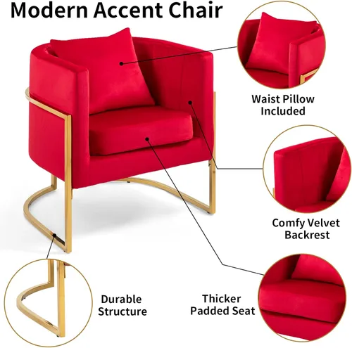 Miniatura 5 de Silla de Acento Moderna de Terciopelo, Sillón Tapizado Tipo Barril de Mediados de Siglo con Almohada para Sala de Estar, Cómoda Silla Individual