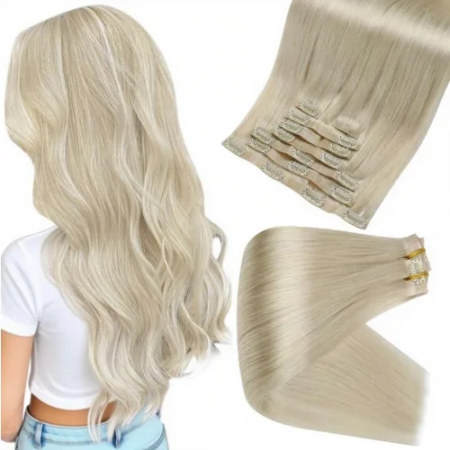 Full Shine Extensiones de cabello humano con pinzas, cabello humano Remy invisible para mujer, color rubio platino, 20 pulgadas, 8 unidades, 4.23 oz