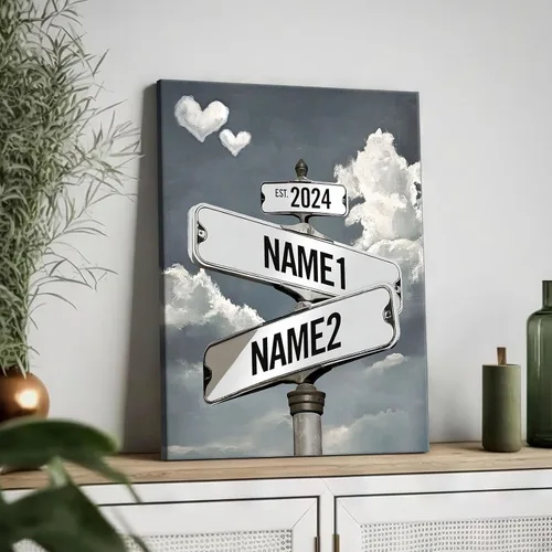 Miniatura 32 de Impresiones en lienzo personalizadas: letrero de calle Crossroads para parejas, arte de pared, nombres y fechas, regalo personalizado, impresión