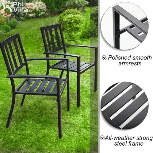 Miniatura 7 de PHI VILLA Juego de comedor de 3 piezas para patio al aire libre, mesa redonda de metal con listones y 2 sillas de patio, juego de muebles de Negro