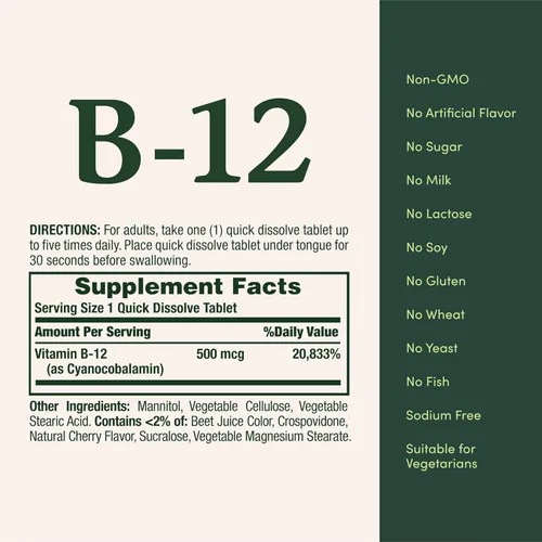 Miniatura 5 de Nature's Bounty Vitamina B12, apoya el metabolismo energético y la salud del sistema nervioso, 500mcg, 100 tabletas de disolución rápida
