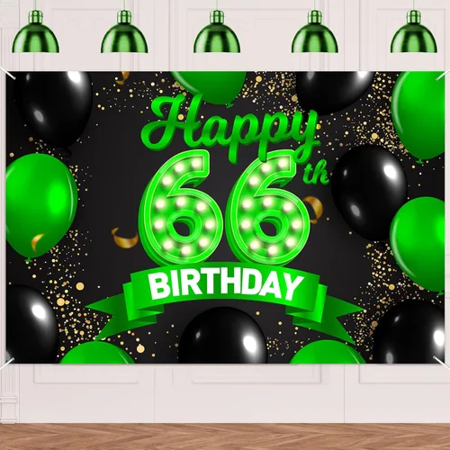 Miniatura 55 de Cartel de feliz cumpleaños 26 verde y negro, telón de fondo con texto en inglés "Cheers to 26 years old confeti", globos de confeti, decoración