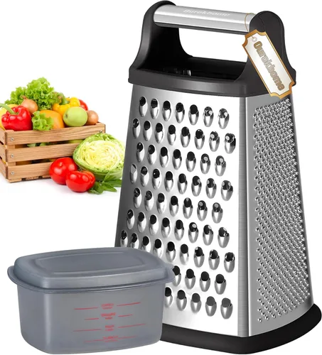 Ourokhome Rallador de queso con asa, rallador de caja de acero inoxidable, triturador de verduras de cocina de 4 lados con recipiente para Negro