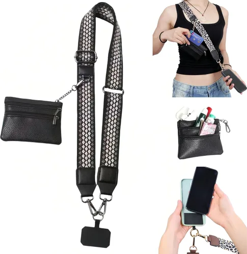 Miniatura 12 de Soporte cruzado para teléfono para mujer, nueva correa de teléfono con bolsa con cremallera, correa cruzada ajustable Negro