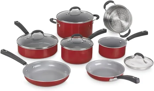 Cuisinart 54C-11R Ceramica XT - Juego de utensilios de cocina antiadherentes, 11 piezas, color rojo y acero inoxidable Rojo con interior gris