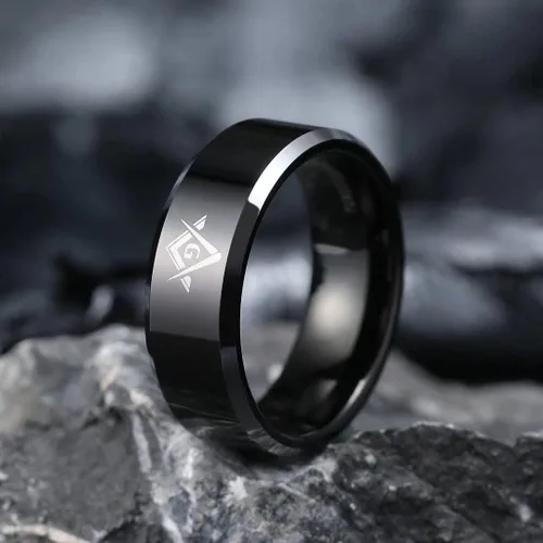 Miniatura 2 de King Will Classic - Anillo de carburo de tungsteno para hombre, de 0.315in, color negro, brújula masónica, cuadrado, carburo de tungsteno, Sin