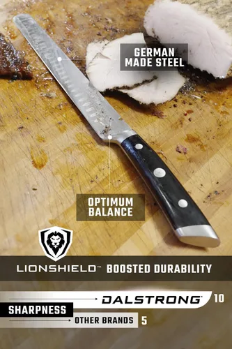 Miniatura 5 de DALSTRONG cuchillo de trinchar rebanador con filo Granton de 12 pulgadas, serie Gladiator, acero HC alemán sin funda Mango negro G10.