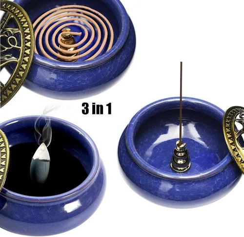 Miniatura 2 de Quemador de incienso con tapa de latón + soporte de incienso + soporte + tapete de fuego para incienso de palo o disco cónico, para decoración