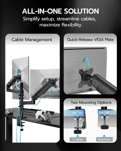 Miniatura 3 de ARES WING Soporte para Monitor Dual - Brazo de Monitor Ultraancho para Pantalla Curva de Servicio Pesado de 17 a 40 Pulgadas hasta 26.4 libras