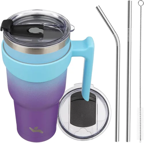 Miniatura 76 de Konokyo - Vaso de 10 onzas con asa y 2 popotes, 2 tapas, botella de agua aislada de acero inoxidable, taza de viaje reutilizable, color verde militar