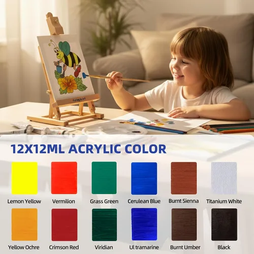 Miniatura 6 de Falling in Art Juego de pintura para niños con caballete de mesa, kit de inicio de pintura acrílica con bata de arte, pinturas acrílicas, lápices