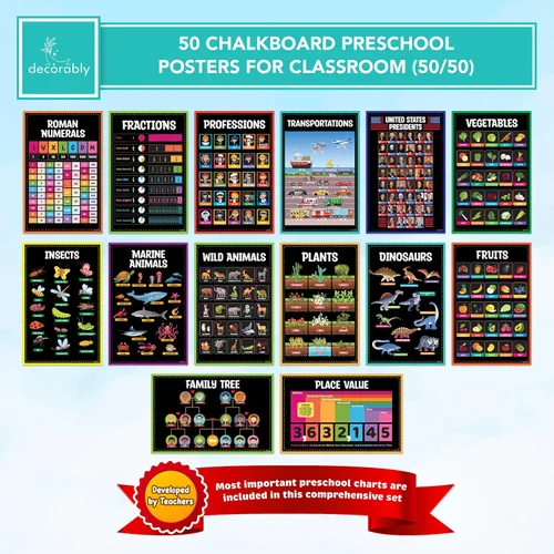 Miniatura 5 de Decorably 50 carteles de aprendizaje de pizarra para niños de 5 a 7 años, niños pequeños, jardín de infantes, 11 x 17 pulgadas, decoración de aula