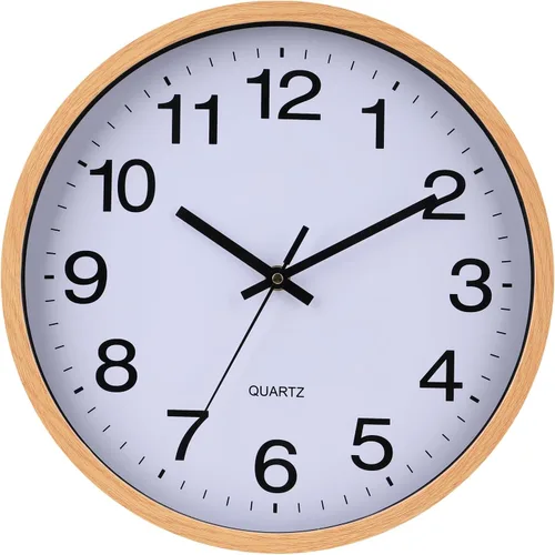 Reloj de pared de 12 pulgadas con marco de madera, cubierta de vidrio, sin tictac, con números, de cuarzo, diseño moderno de cuarzo, decorativo,