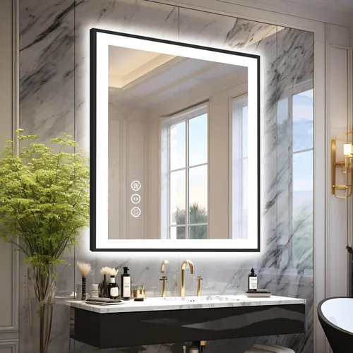 Miniatura 17 de Espejo de baño LED de 20 x 28 pulgadas para pared, marco negro (metal, aluminio), luz frontal y retroiluminada, 3 colores y espejo de tocador