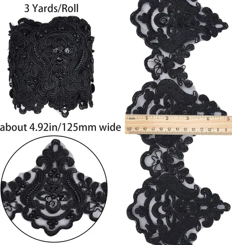 Miniatura 2 de GORGECRAFT 3 yardas y 5 pulgadas de encaje negro Venecia bordado inelástico bordado festoneado cinta de flores bordadas de cuentas patrón de ondas