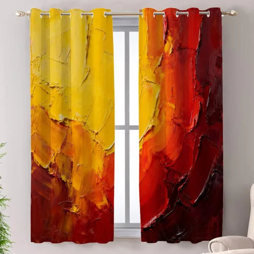 Miniatura 65 de Shrahala Beige and Orange Abstract Art Brushstrokes Blackout Curtain Tiers, Abstract Oil Paint Kitchen Valance Light Blocking Tier Drapes with Rod