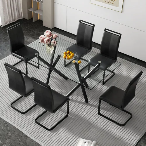 Miniatura 29 de Juego de 8 mesas de comedor de cristal, moderno juego de mesa de comedor de 71 pulgadas con 8 sillas de comedor tapizadas de piel sintética