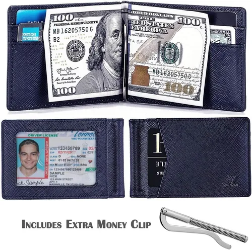 Miniatura 22 de YBONNE - Cartera fina con clip para dinero, de cuero auténtico, bloqueo RFID, minimalista