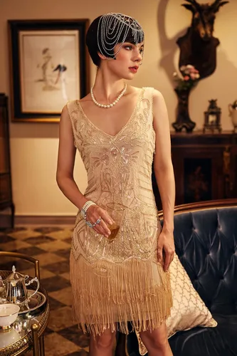 Miniatura 3 de BABEYOND Womens Flapper Dresses Set 1920s V Neck Beaded Fringed Great Gatsby Dress