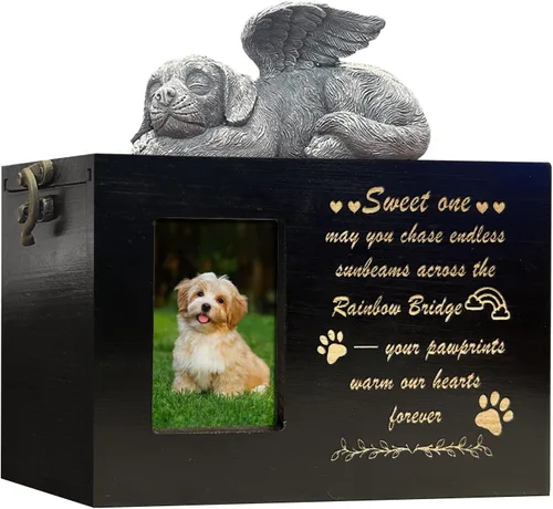 Miniatura 14 de Urna grande para perro para cenizas, caja de cremación funeraria negra con foto urna conmemorativa para mascotas con marco de fotos, caja