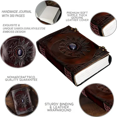 Miniatura 7 de Diario de cuero C Leather con relieve de sol y luna y hermosa piedra azul, cuaderno, planificador, organizador, libro de bocetos, libro en blanco