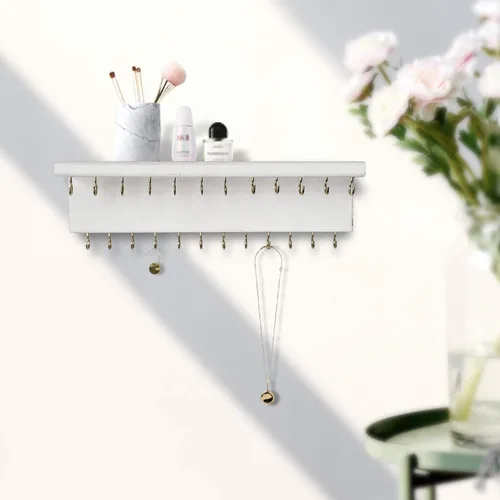 Miniatura 3 de SANY DAYO HOME Organizador de joyas con 24 ganchos y estante para cosméticos, 12 x 3 x 4 pulgadas, soporte de madera de pino rústico montado