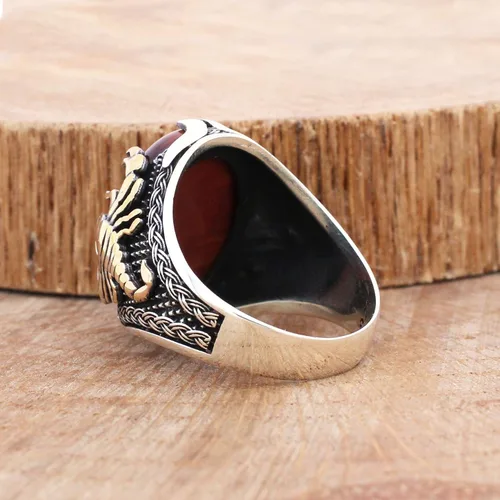 Miniatura 3 de Anillo de plata de ley 925 con ojo de tigre rojo y piedra escorpión