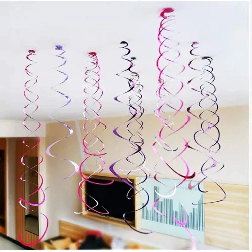Miniatura 4 de Paquete de 24 decoraciones de remolinos colgantes de color naranja y azul rey para fiestas, serpentina brillante para cumpleaños, suministros