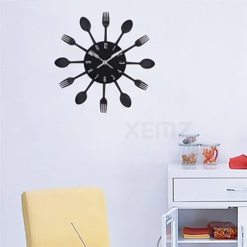 Miniatura 3 de Reloj de pared creativo con cuchillo de tenedor, cubertería de cocina, novedoso reloj colgante decorativo, cuchara de acero inoxidable, reloj Negro