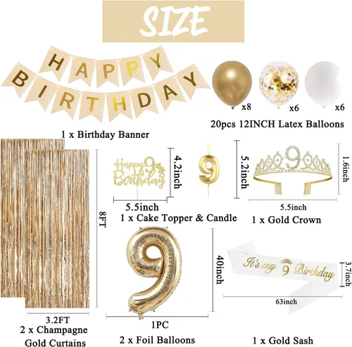 Miniatura 2 de Trgowaul Decoraciones de 9º cumpleaños para niñas, pancarta, banda y corona, decoración de pastel, globo de número 9, cortinas de flecos