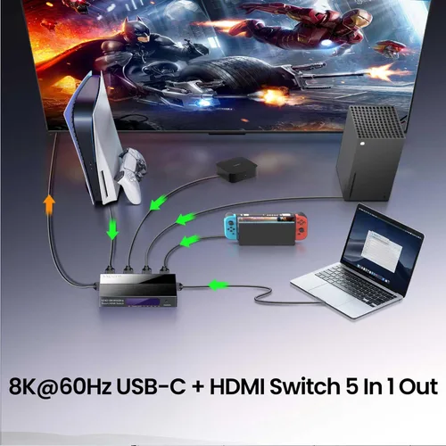 Miniatura 3 de Interruptor HDMI 5 en 1 salida, caja selectora de conmutadores HDMI de 5 vías FERRISA con control remoto IR (interruptor HDMI 5x1 de 8K a 60 Hz)