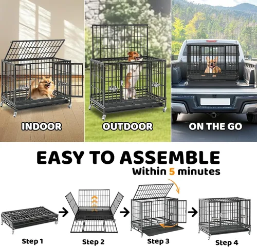 Miniatura 4 de Homey Pet Jaula para Perros Apilable de Servicio Pesado de 37 pulgadas, Jaula Kennel Indestructible a Prueba de Escape para Perros con Ruedas