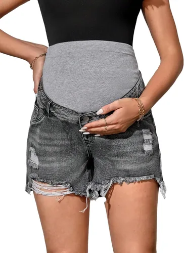 Verdusa Pantalones cortos de mezclilla de maternidad para mujer, cintura alta, rasgados, dobladillo sin procesar, pantalones cortos de embarazo