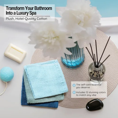 Miniatura 5 de Living Fashions Paquete de 12 paños de lavado 100% algodón hilado en anillo extra suave, tamaño 13 x 13 pulgadas, suaves y absorbentes, lavables a