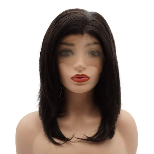 Pelucas de cabello liso corto de 15 pulgadas, color marrón oscuro, densidad pesada, realista, resistente al calor, sintético con encaje frontal