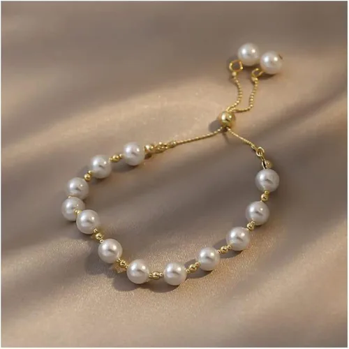 Miniatura 5 de Pulsera de perlas para mujer, pulsera deslizante ajustable dorada, pulsera de cadena delicada, regalo de dama de honor para niñas blancas, Sin gemas.