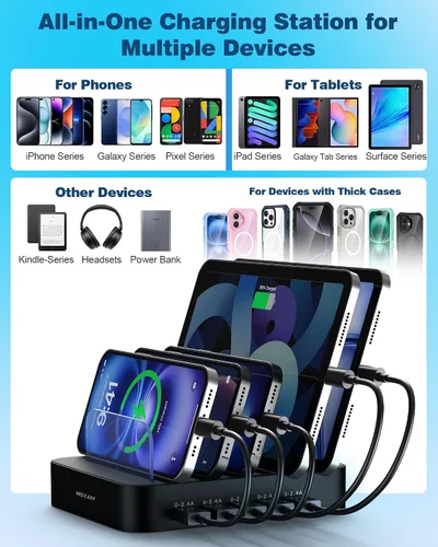Miniatura 5 de MSTJRY Estación de carga para múltiples dispositivos: Estaciones cargadoras multi USB-A de 5 puertos, organizador multidispositivo, base de carga