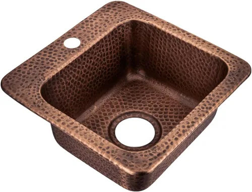 Monarch Abode Fregadero de cocina y bar – Fregadero Baxter de 15 pulgadas, fregadero de cobre puro martillado a mano con orificio para grifo para