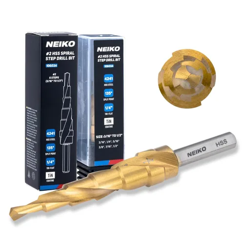 Miniatura 17 de NEIKO 10602A Step Drill Bit, 13 Steps 1/8" to 1/2" Spiral High Speed Steel, Titanium Nitride Coated, 1/4" Quick Change Step Bits for Steel, Metal