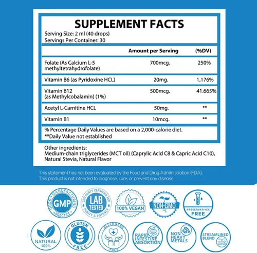 Miniatura 6 de 1Q Focus – Gotas naturales de apoyo cognitivo y cerebral líquido para niños Acetil L-carnitina + B1, B6, B12 y folato Sin azúcar, vegano, sin