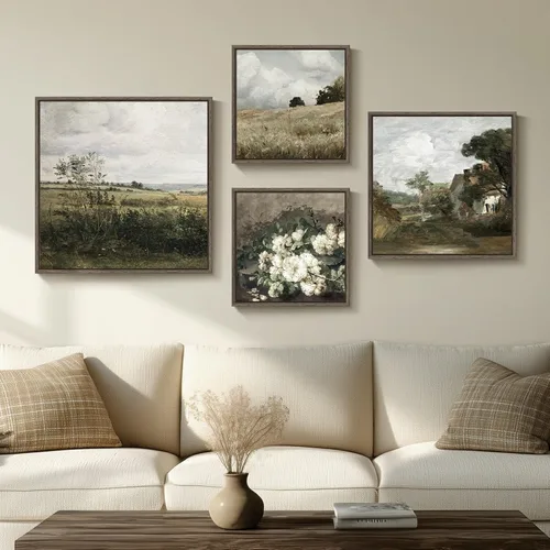 Miniatura 10 de 3 piezas de arte de pared en lienzo con marco vintage, gran impresión de granja de paisaje floral verde y árbol, obra de arte retro floral francesa