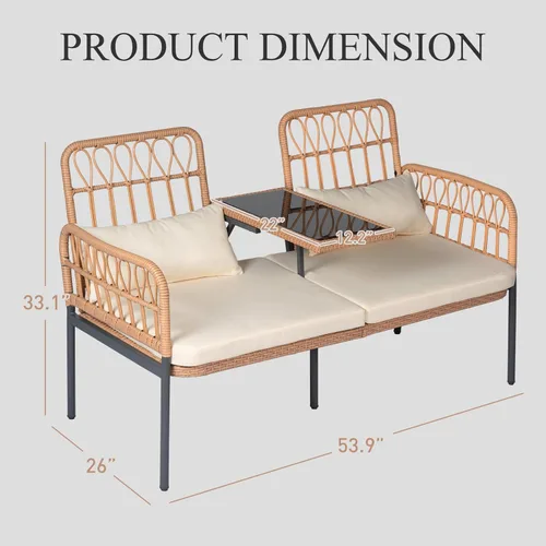 Miniatura 6 de PROHIKER Muebles de Patio Exterior Sofá de Amor de Ratán de 2 Asientos con Mesa Integrada, Almohadas Lumbares y Cojines, Sofá de Amor de Mimbre