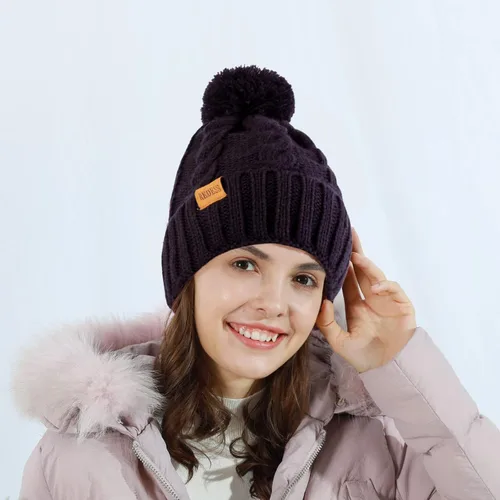 Miniatura 3 de REDESS Gorro de invierno con pompón para mujer con forro polar cálido, gorro de esquí grueso y holgado de punto de nieve